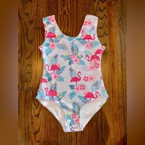 Girls Flamingo print swimsuit one-piece size 130 or 6/7 pink flowers